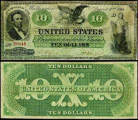 1862 U.S. treasury department print green back notes at no interest to the federal government
