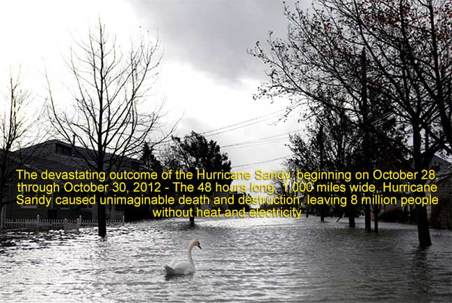 The devastating outcome of the Hurricane Sandy, beginning on October 28, through October 30, 2012 - The 48 hours long, 1,000 miles wide, Hurricane Sandy caused unimaginable death and destruction, leaving 8 million people without heat and electricity.