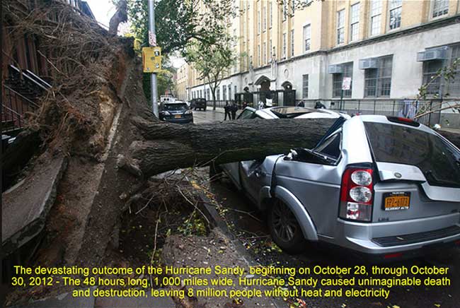 The devastating outcome of the Hurricane Sandy, beginning on October 28, through October 30, 2012 - The 48 hours long, 1,000 miles wide, Hurricane Sandy caused unimaginable death and destruction, leaving 8 million people without heat and electricity.